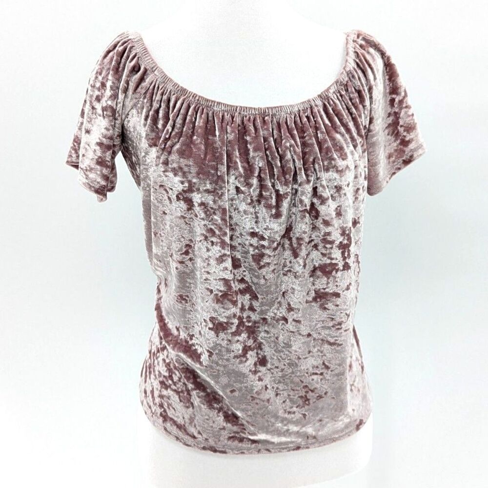 Crushed Velvet Coquette Fairy Off-The-Shoulder Loose Fit Pink Stretch Blouse Med